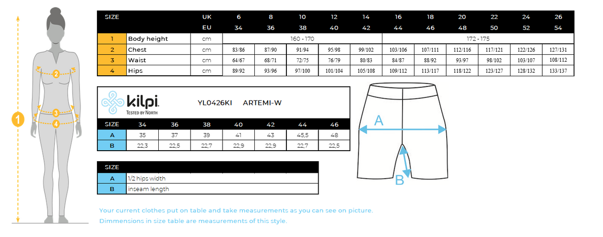 Women's short leggings Kilpi ARTEMI-W with OPTI-DRY function – Size chart