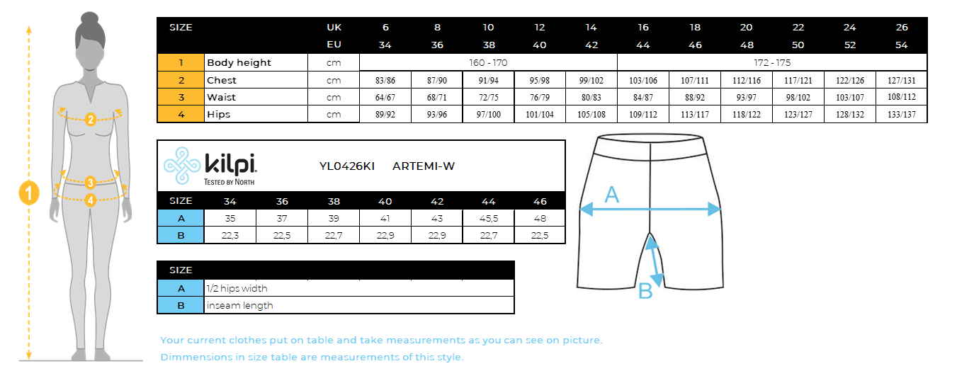 Women's short leggings Kilpi ARTEMI-W with OPTI-DRY function – Size chart