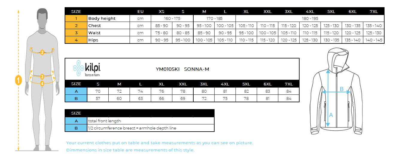 Men's outdoor jacket Kilpi SONNA-M – Size chart