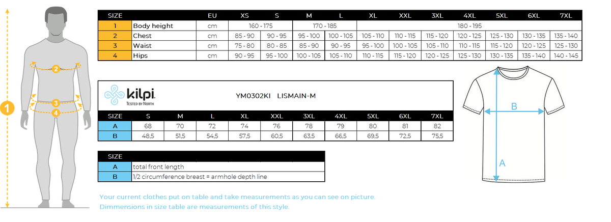 Men´s recycled functional t-shirt Kilpi LISMAIN-M – Size chart