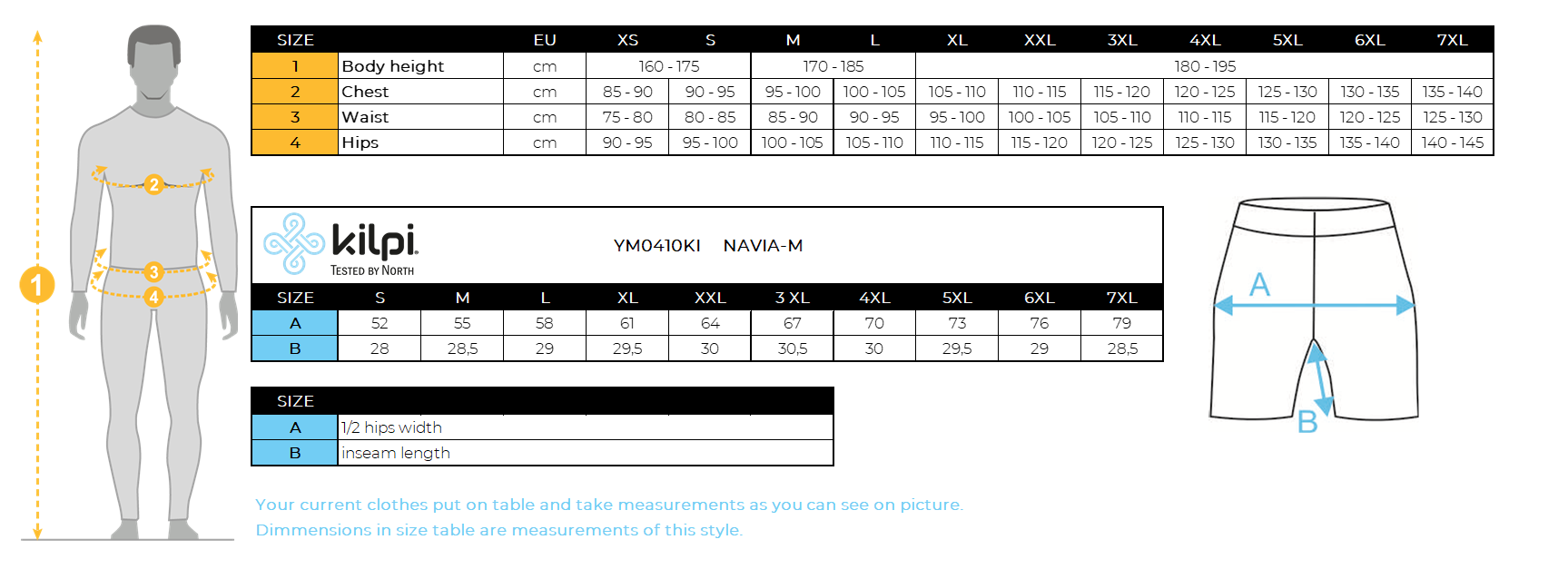 Men's outdoor shorts Kilpi NAVIA-M – Size chart