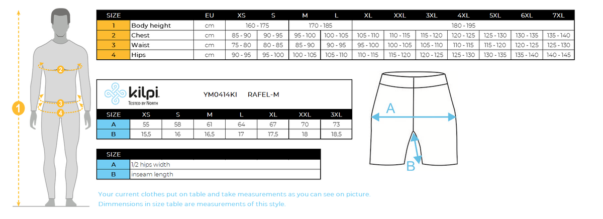 Men's running shorts Kilpi RAFEL-M – Size chart