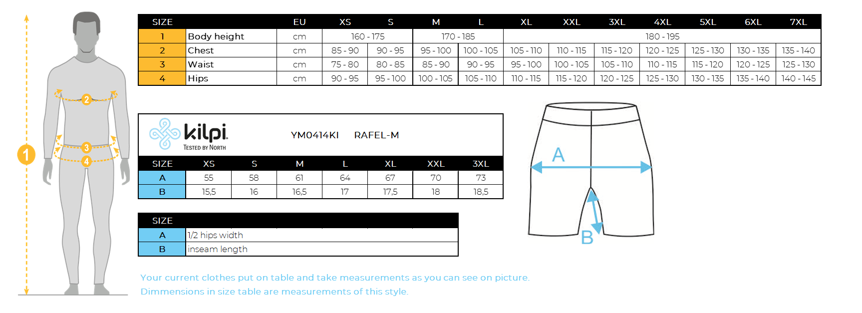 Men's running shorts Kilpi RAFEL-M – Size chart