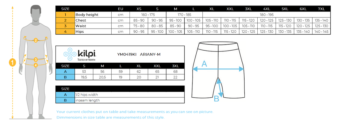 Kilpi men's swimming shorts ARIANY-M – Size chart