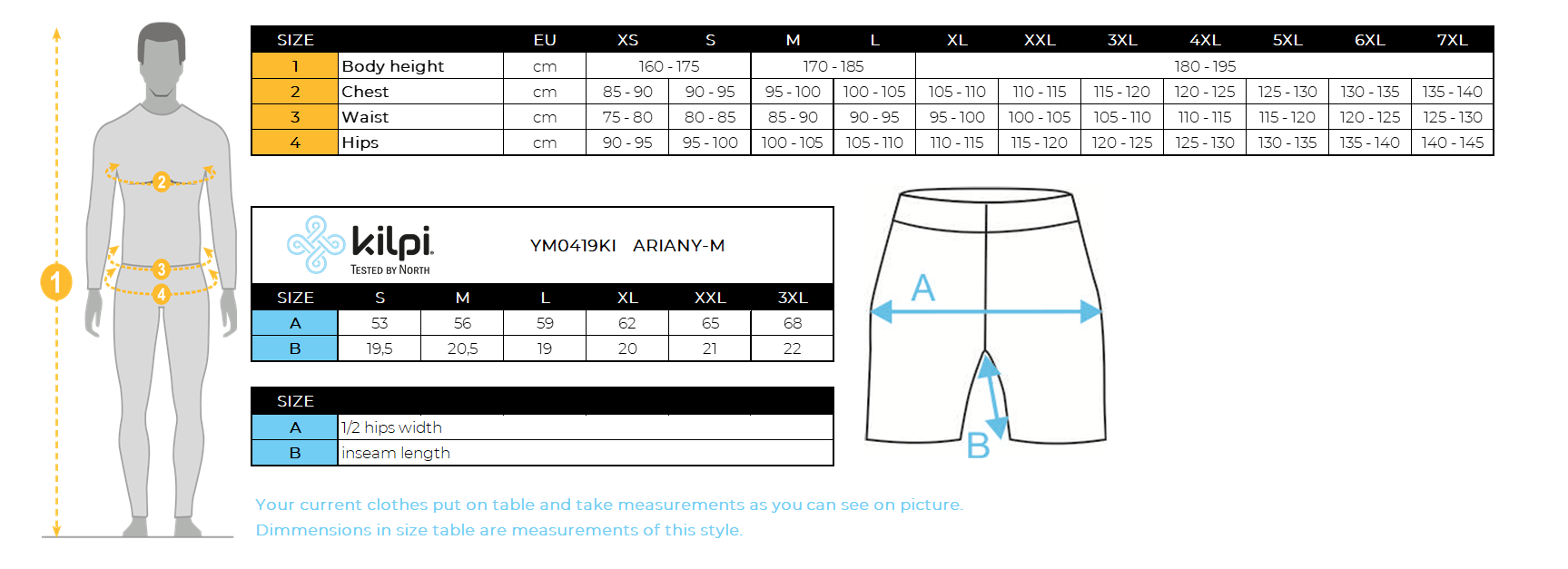Kilpi men's swimming shorts ARIANY-M – Size chart