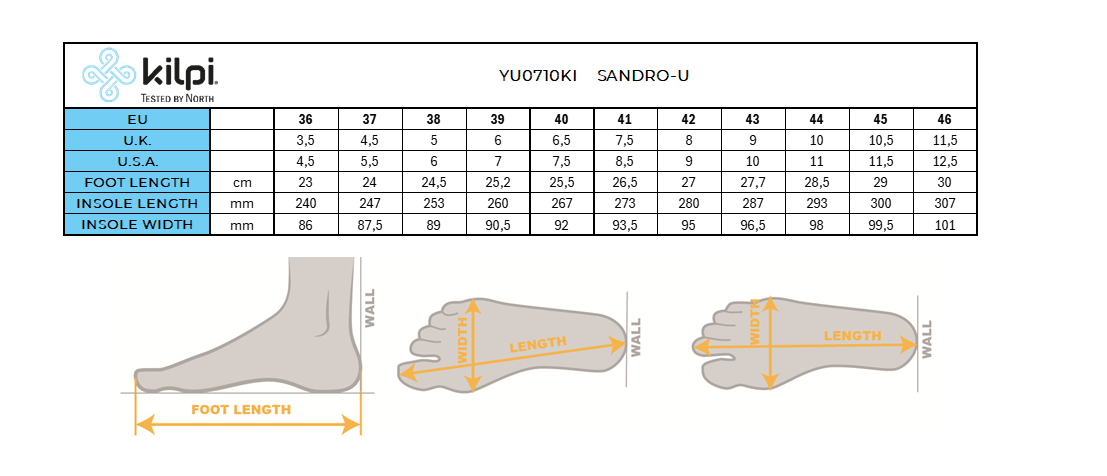 Unisex tourist sandals Kilpi SANDRO-U – Size chart