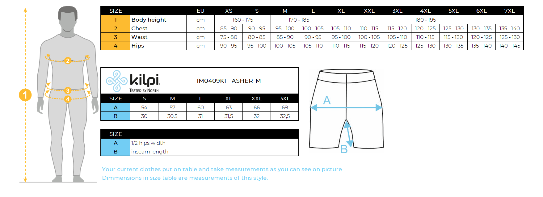 Men's outdoor shorts Kilpi ASHER-M – Size chart