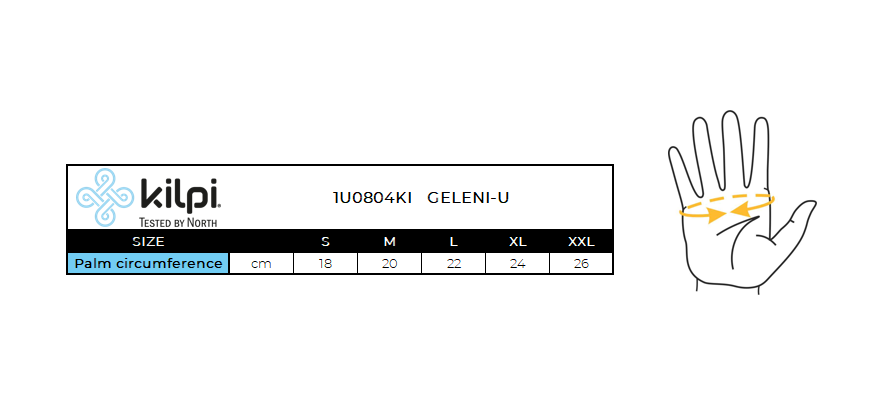 Unisex cyklistika RUKAVICA Kilpi GELENI-U – Tabuľka veľkostí