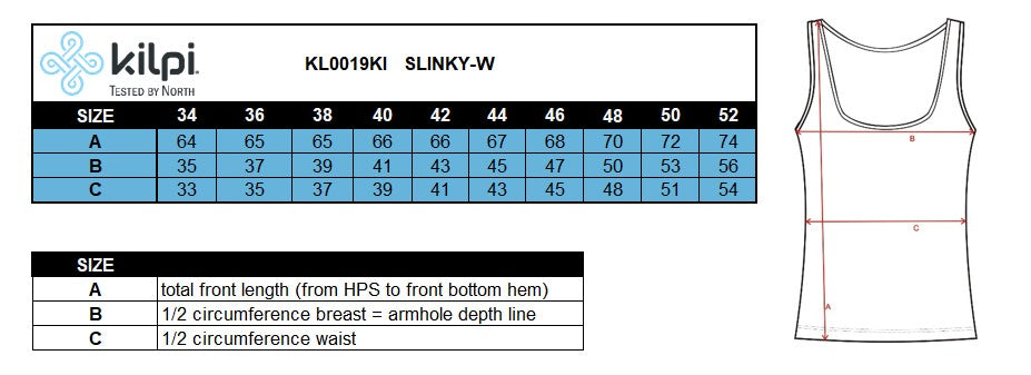 Dámske tričko/tielko Kilpi SLINKY-W – Tabuľka veľkostí