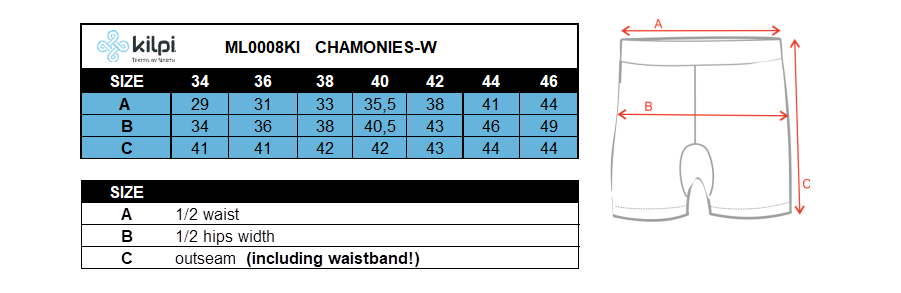 Dámske bežecké šortky Kilpi CHAMONIES-W – Tabuľka veľkostí
