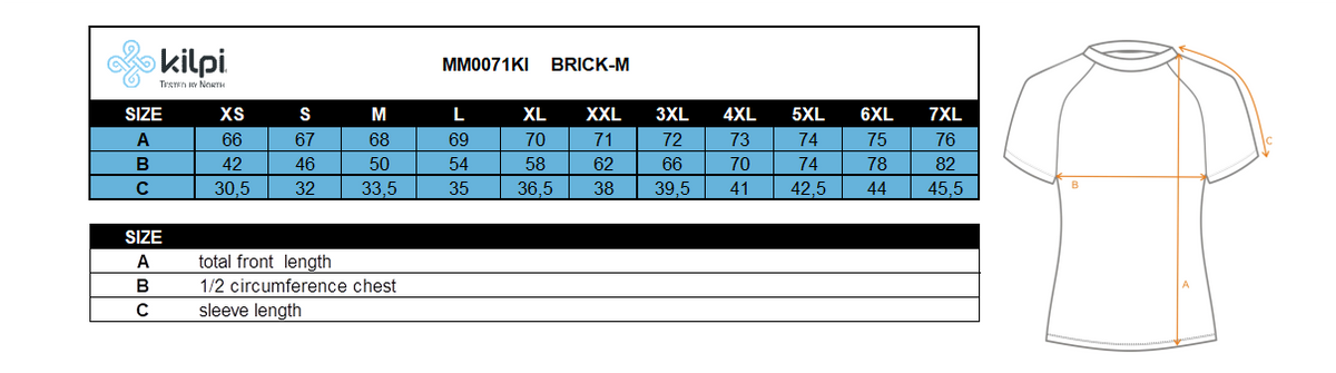 Men´s running T-shirt Kilpi BRICK-M – Size chart