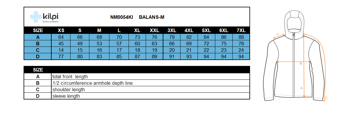 Men´s running jacket KILPI BALANS-M – Size chart