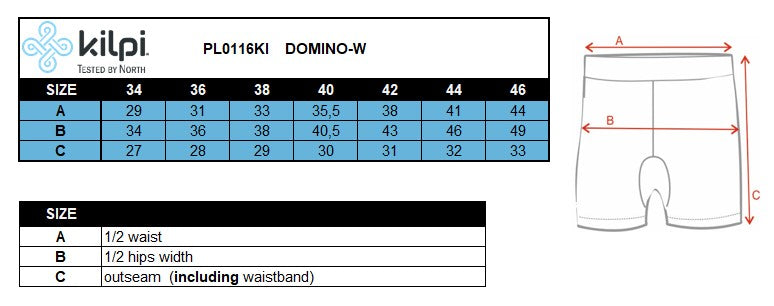 Dámske funkčné legíny Kilpi DOMINO-W – Tabuľka veľkostí