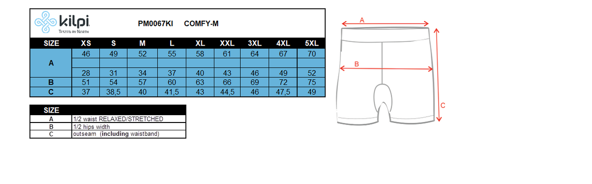Men's ultralight shorts Kilpi COMFY-M – Size chart