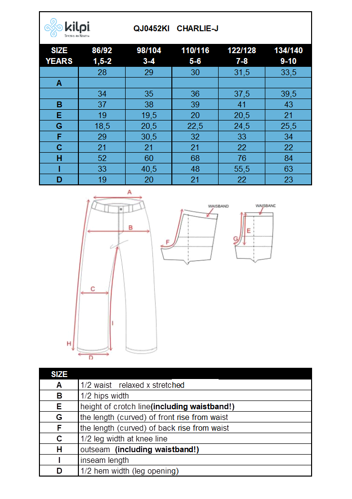 Kid´s ski pants Kilpi CHARLIE-J – Size chart