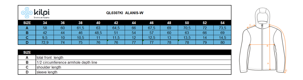 Women´s stretch middle layer Kilpi ALANIS-W – Size chart