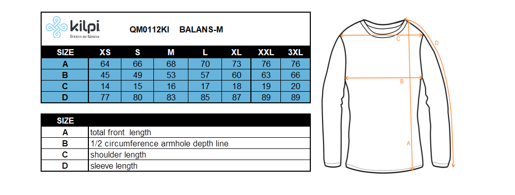 Men´s running jacket Kilpi BALANS-M – Size chart