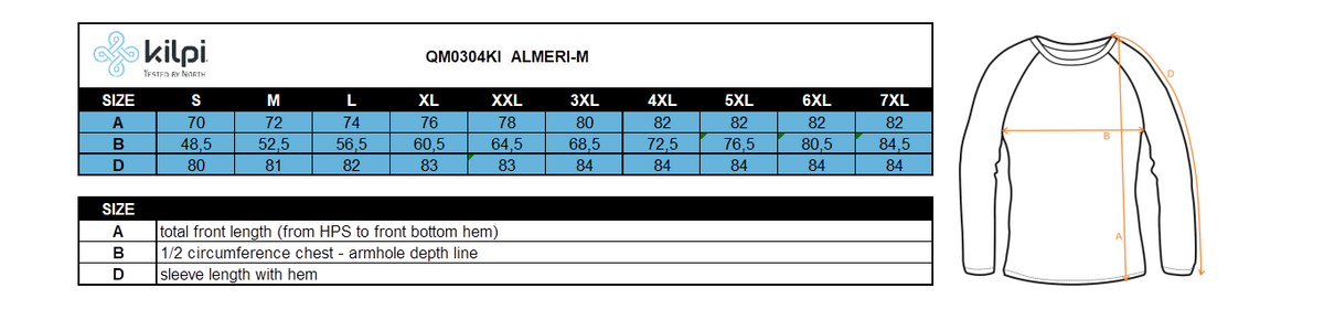 Men´s fleece middle layer Kilpi ALMERI-M – Size chart
