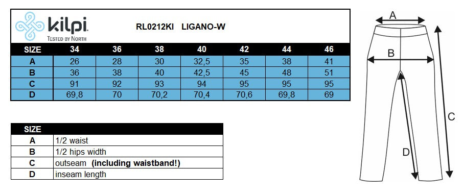 Dámske fitness legíny Kilpi LIGANO-W – Tabuľka veľkostí