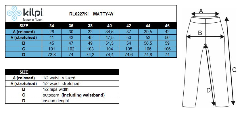 Dámske nohavice Kilpi MATTY-W – Tabuľka veľkostí