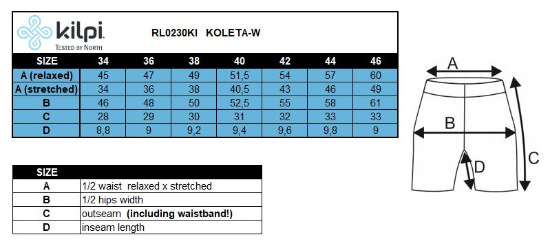 Dámske šortky Kilpi KOLETA-W – Tabuľka veľkostí