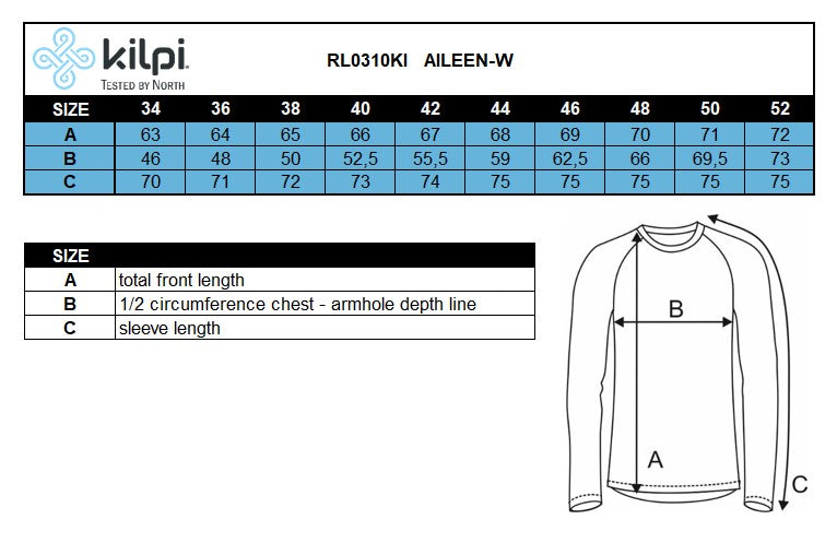 Women's functional hoodie Kilpi AILEEN-W – Size chart