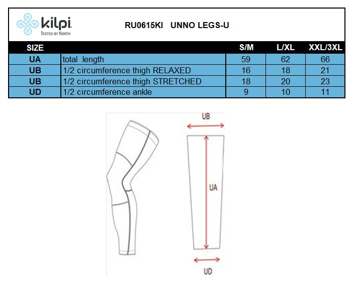 Unisexové návleky na nohy Kilpi UNNO LEGS-U – Tabuľka veľkostí