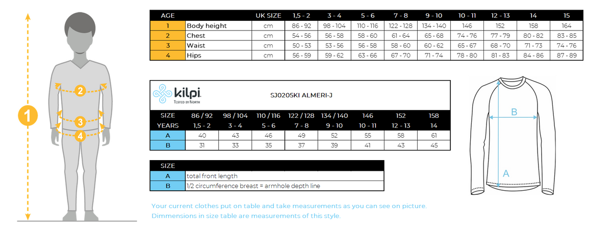 Kid´s fleece middle layer Kilpi ALMERI-J – Size chart