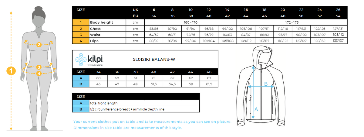 Women´s softshell running jacket Kilpi BALANS-W – Size chart