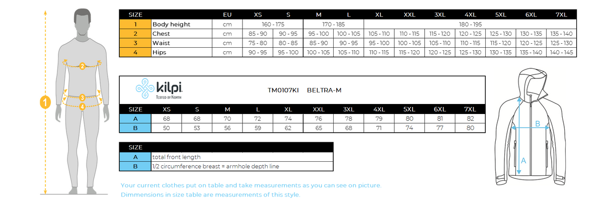 Men´s light softshell jacket Kilpi BELTRA-M – Size chart