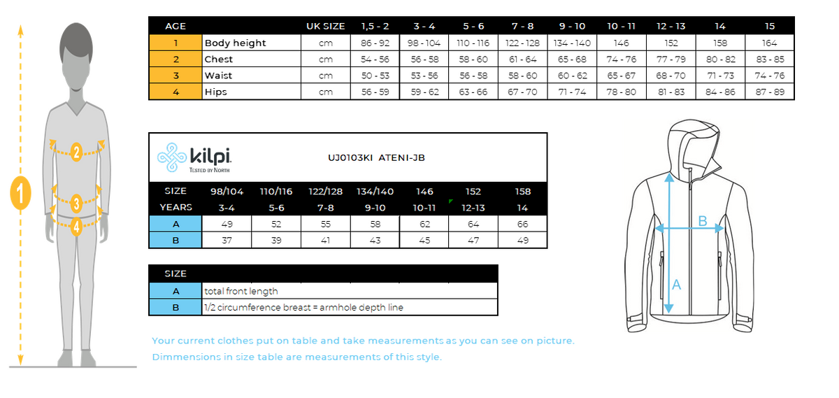 Boy´s ski jacket Kilpi ATENI-JB – Size chart