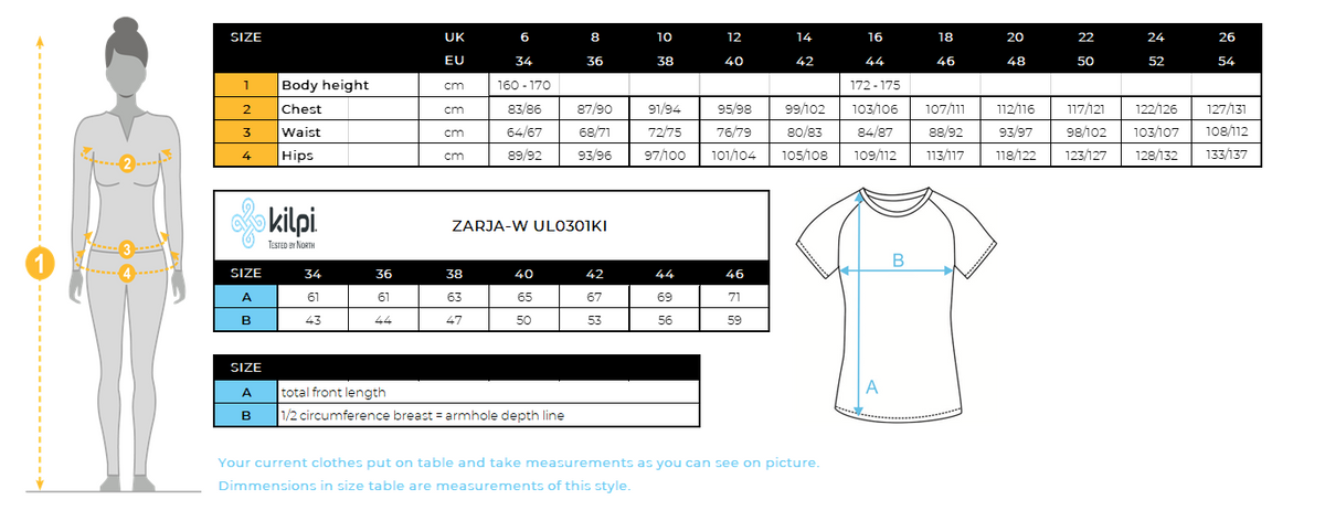 Women's merino wool T-shirt Kilpi ZARJA-W – Size chart