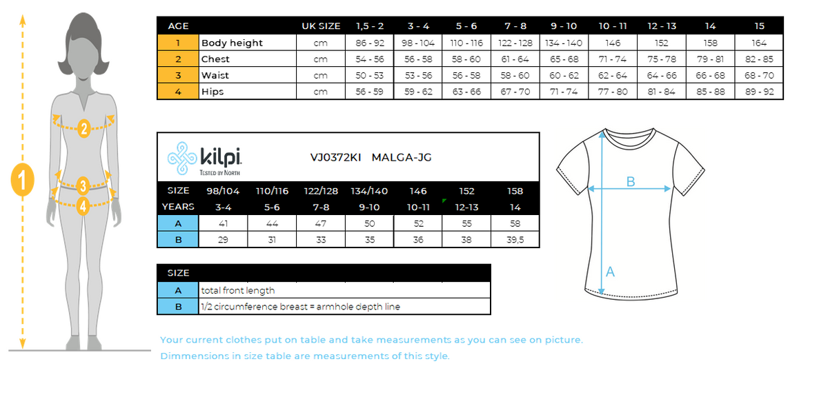 Girl's cotton T-shirt Kilpi MALGA-JG – Size chart