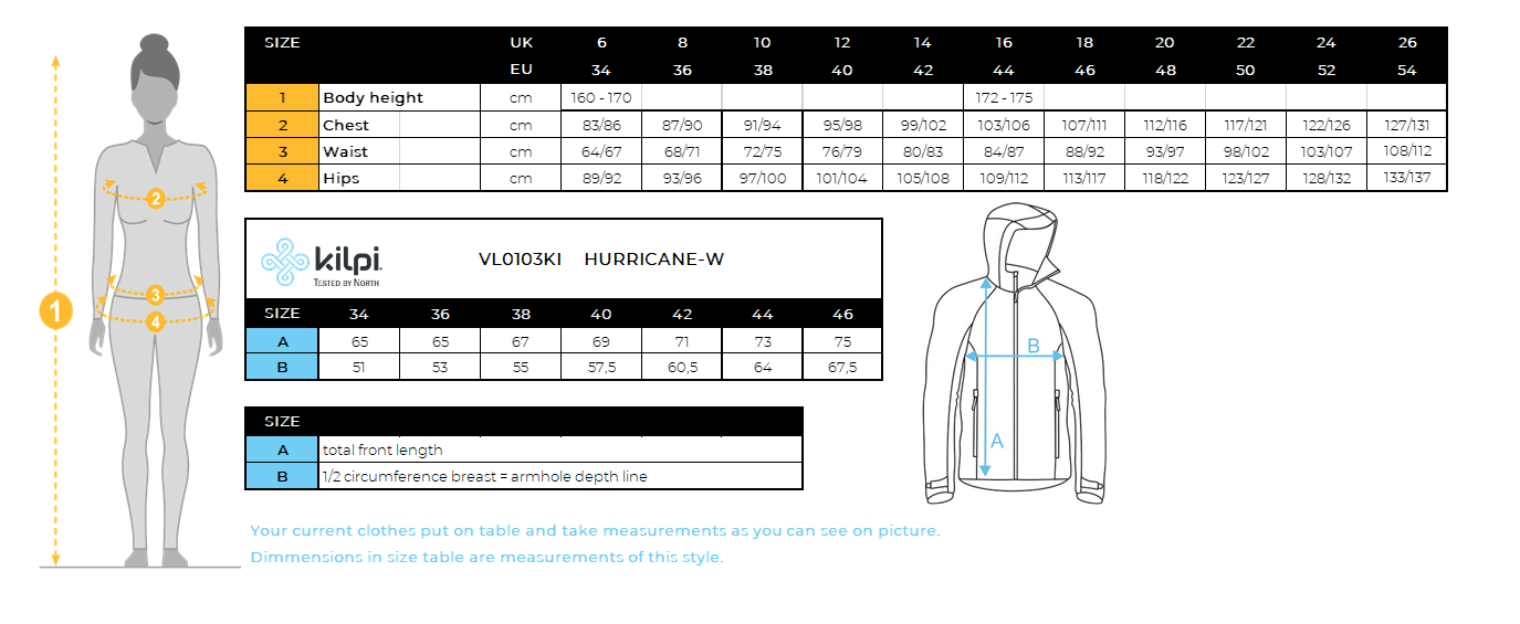 Women's membrane jacket Kilpi HURRICANE-W – Size chart