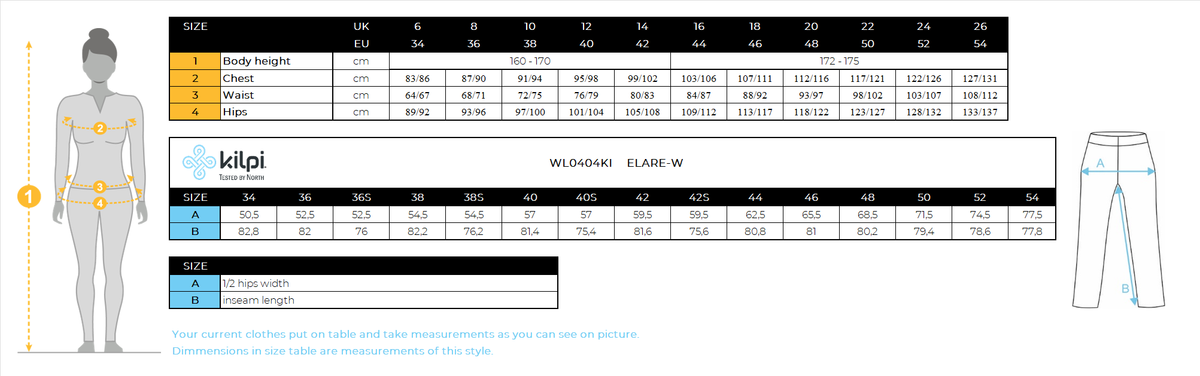 Women's ski pants Kilpi ELARE-W – Size chart