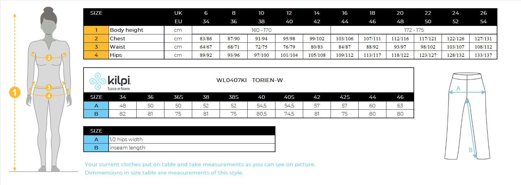 Women's softshell ski pants Kilpi TORIEN-W – Size chart