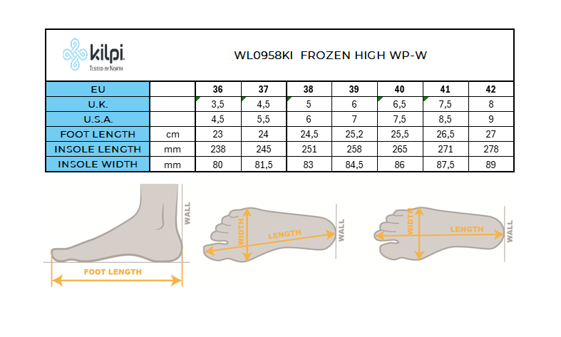 Dámske vysoké snehule Kilpi FROZEN HIGH WP-W – Tabuľka veľkostí