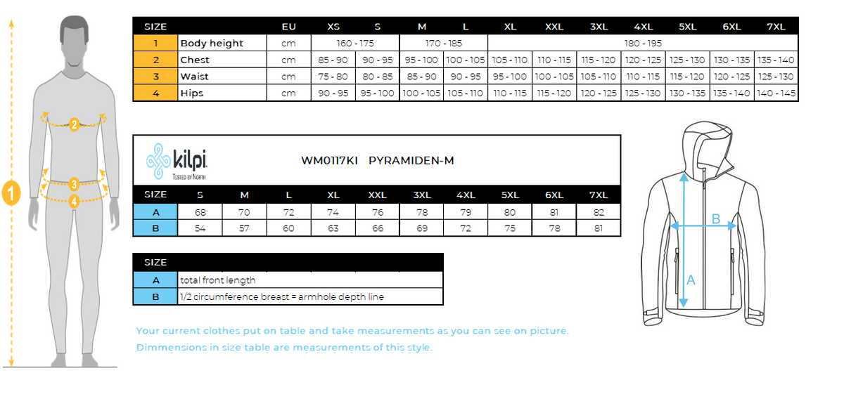 Men's down jacket Kilpi PYRAMIDEN-M – Size chart