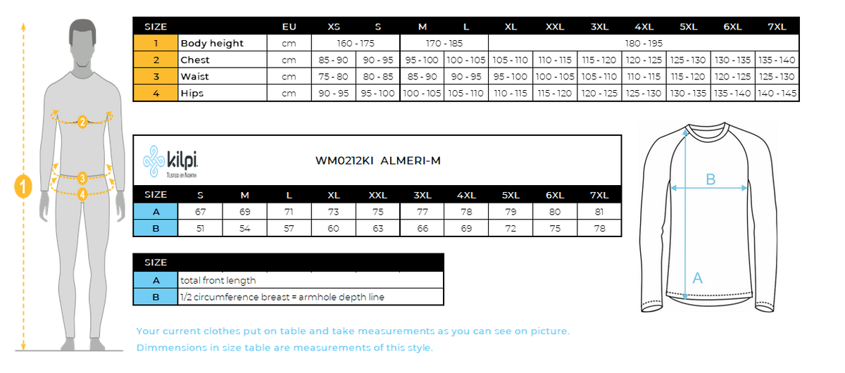 Men´s fleece middle layer Kilpi ALMERI-M – Size chart