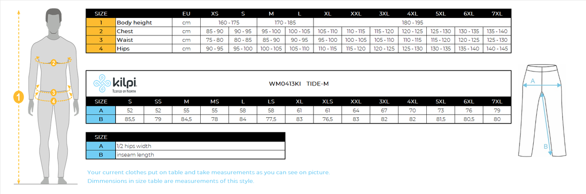 Pánske outdoorové nohavice Kilpi TIDE-M – Tabuľka veľkostí