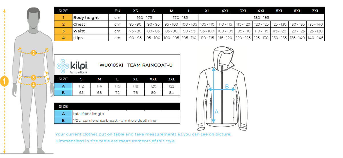 Unisex pláštenka na lyže Kilpi TEAM RAINCOAT-U – Tabuľka veľkostí