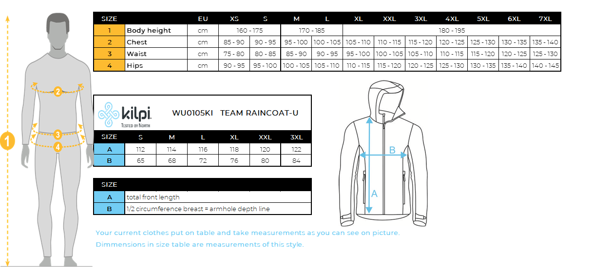 Unisex pláštenka na lyže Kilpi TEAM RAINCOAT-U – Tabuľka veľkostí