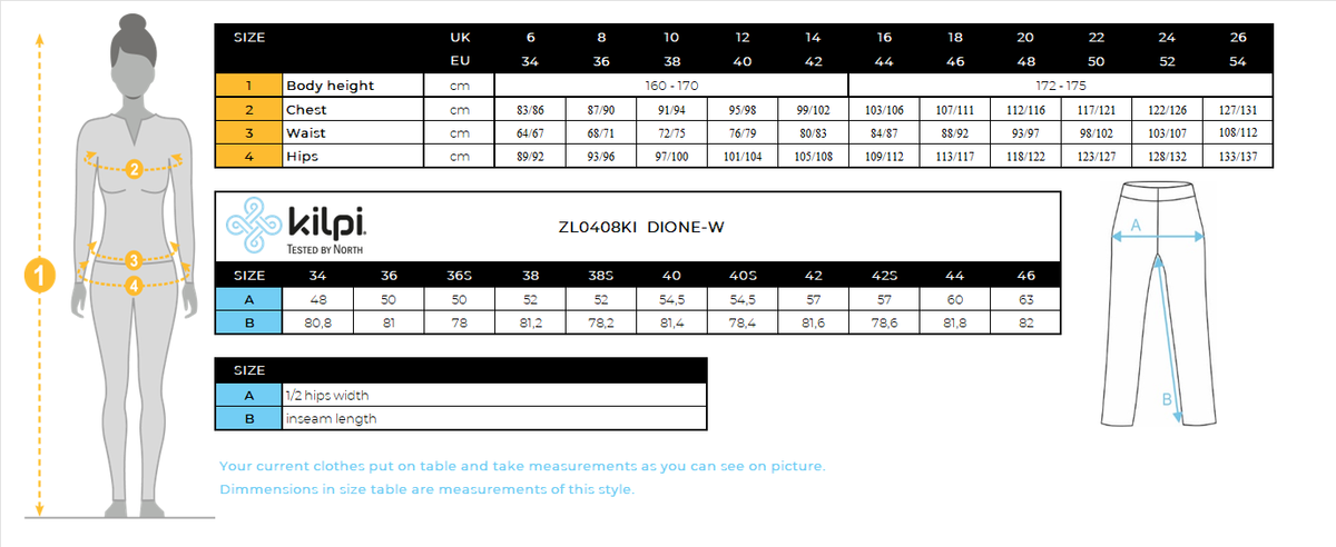 Women's softshell ski pants Kilpi DIONE-W – Size chart
