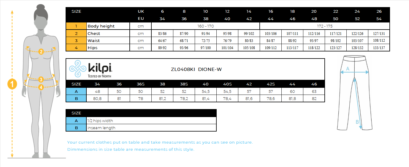 Women's softshell ski pants Kilpi DIONE-W – Size chart