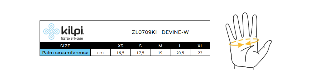 Dámske lyžiarske rukavice Kilpi DEVINE-W – Tabuľka veľkostí