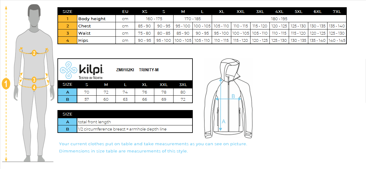 Men's hardshell jacket Kilpi TRINITY-M – Size chart