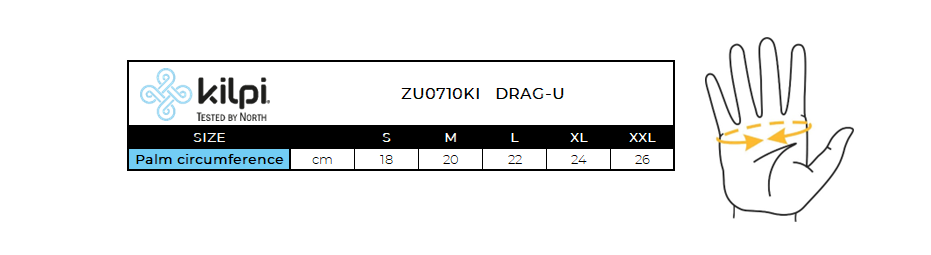 Unisexové bežecké rukavice Kilpi DRAG-U – Tabuľka veľkostí